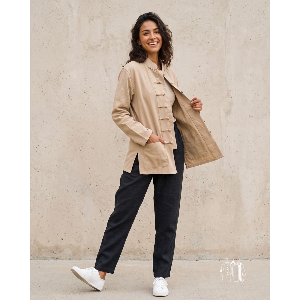 Womens Tan Beige Asian Frog Button Jacket Top Mandarin Collar Lagenlook M L
